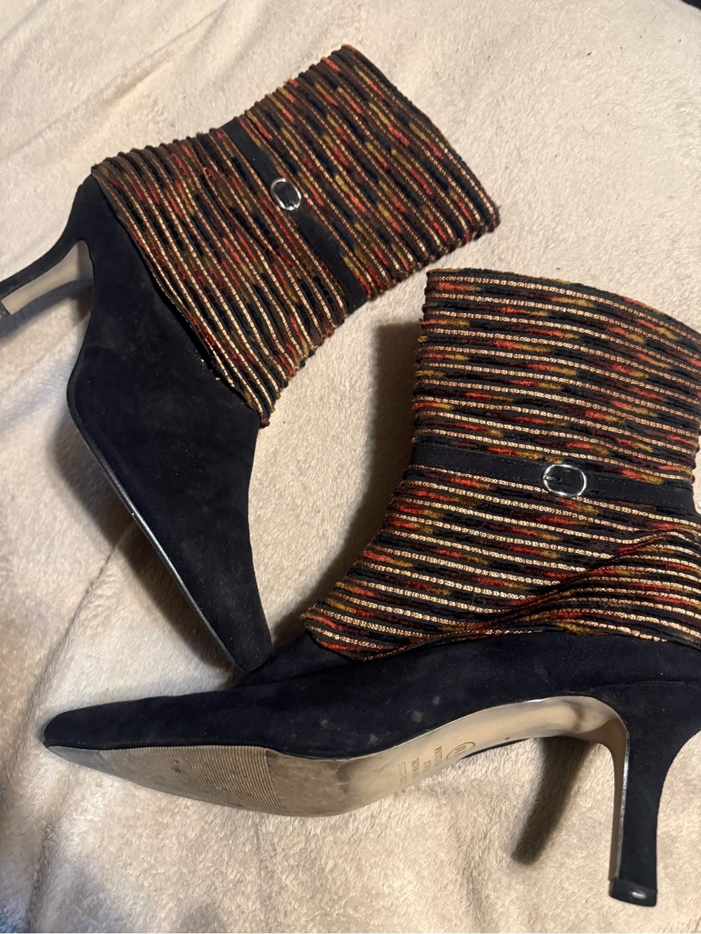 Annie Black Suede Ankle Booties with Metallic Multicolor Knit Cuffs